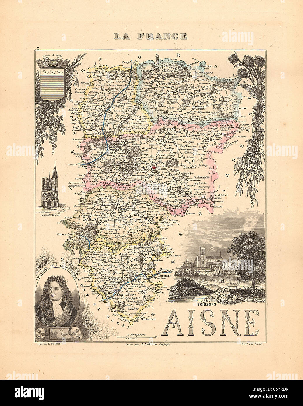 Aisne Department -  Antiquarian Map from an 1858 French Atlas 'France and its Colonies' (La France et ses Colonies ) by Alexandre Vuillemin Stock Photo