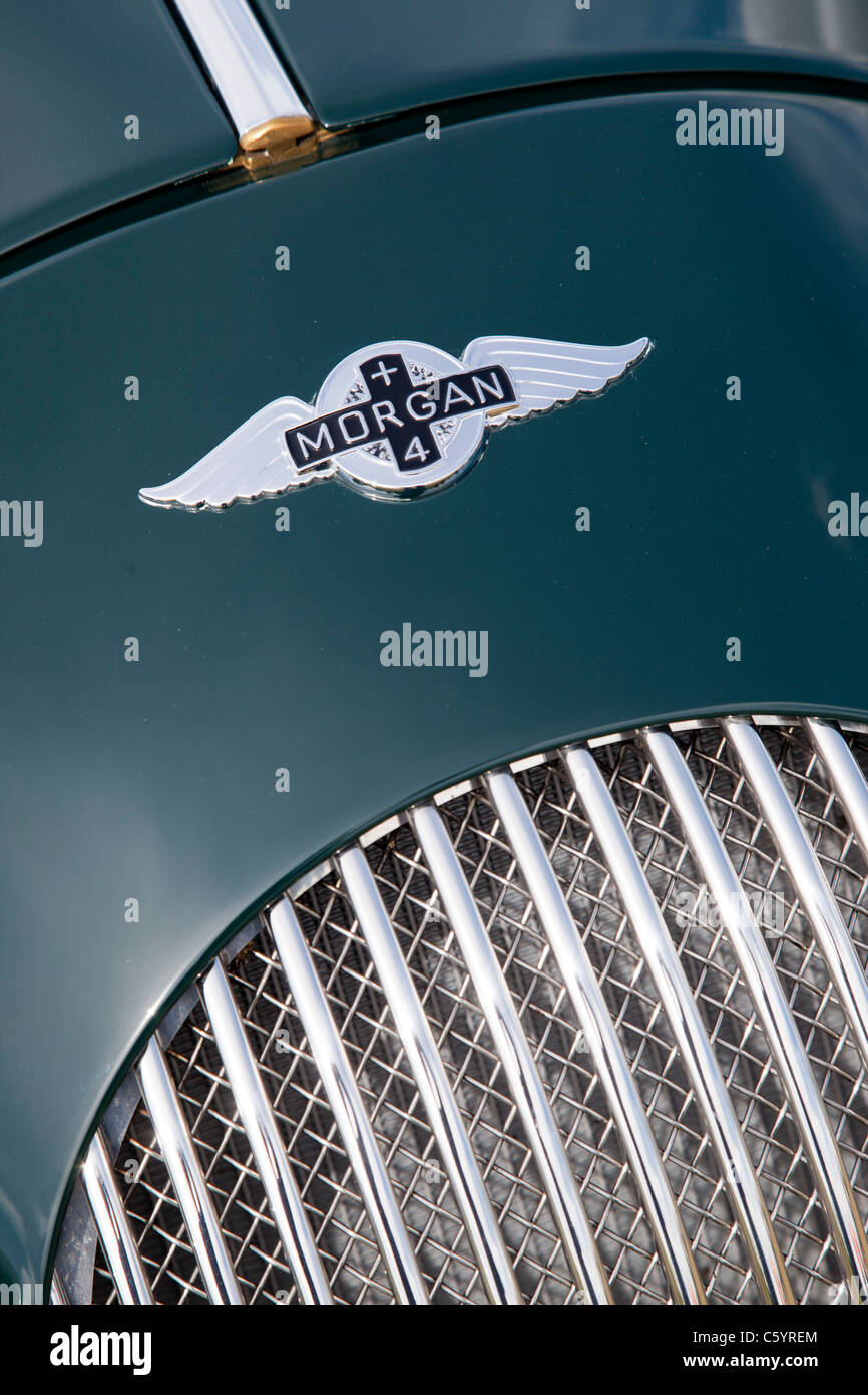Badge and grill, Morgan Plus Four sportscar Stock Photo