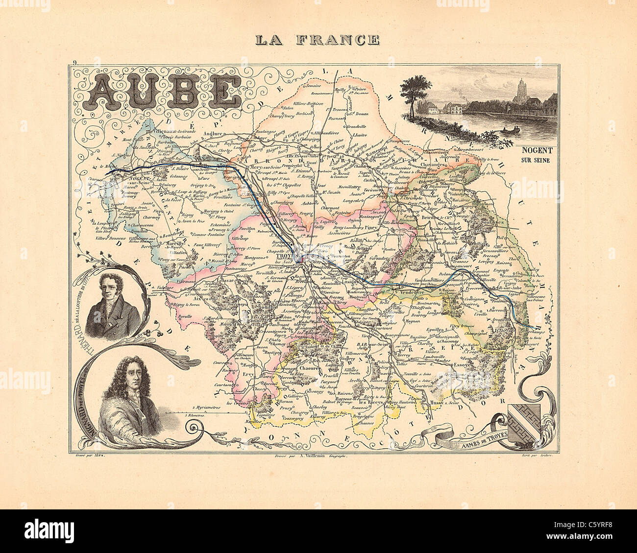 Aube Department -  Antiquarian Map from an 1858 French Atlas 'France and its Colonies' (La France et ses Colonies ) by Alexandre Vuillemin Stock Photo