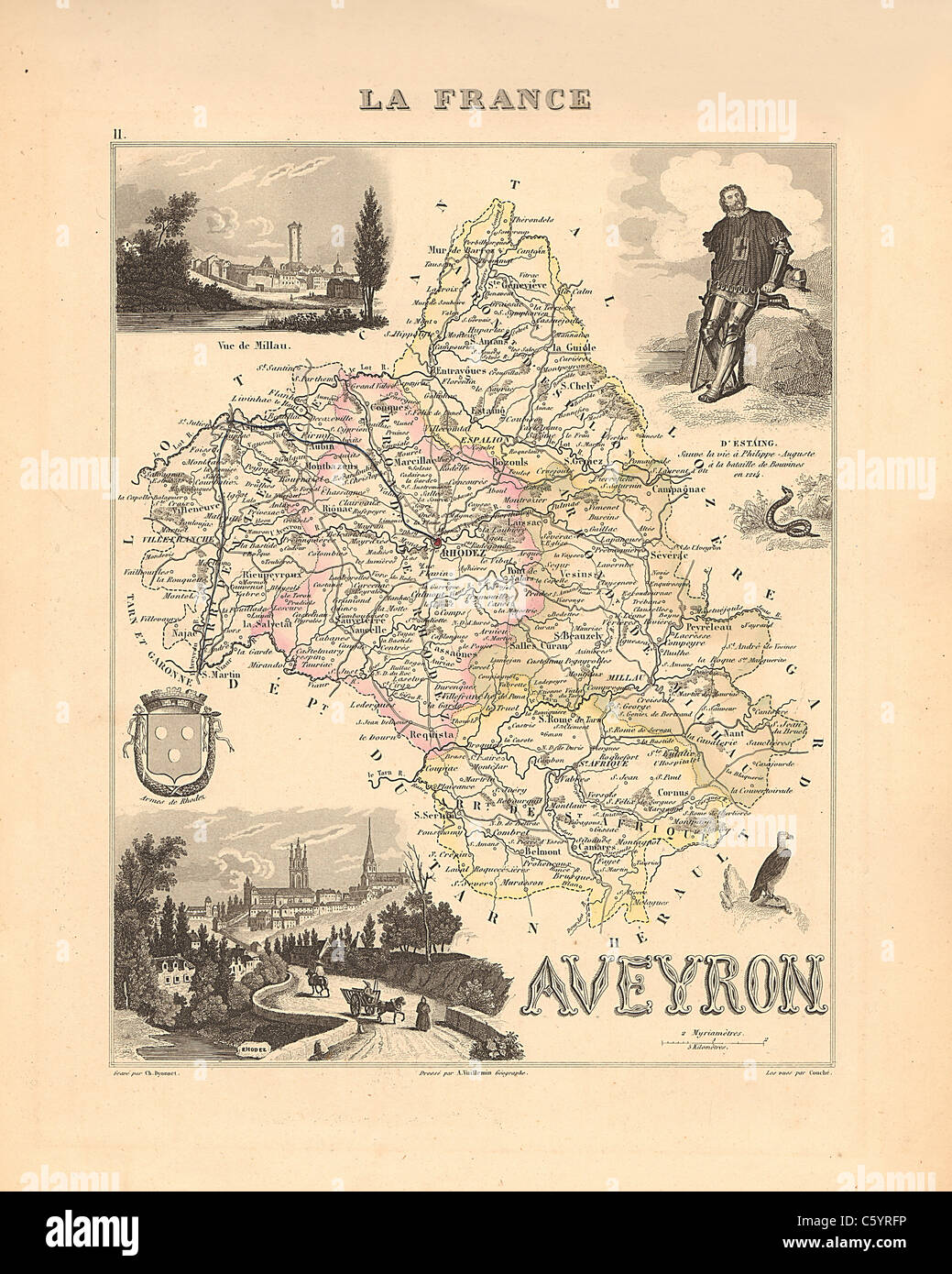 Aveyron Department -  Antiquarian Map from an 1858 French Atlas 'France and its Colonies' (La France et ses Colonies ) by Alexandre Vuillemin Stock Photo