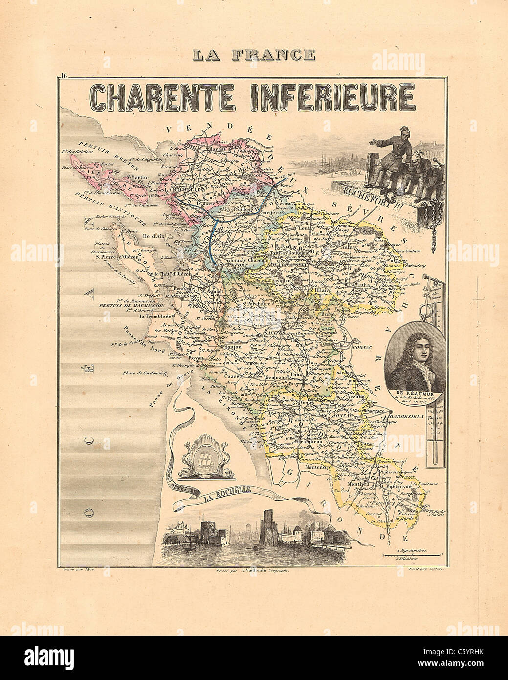 Charente Inferieure Department -  Antiquarian Map from 1858 French Atlas 'France and its Colonies' (La France et ses Colonies ) by Alexandre Vuillemin Stock Photo