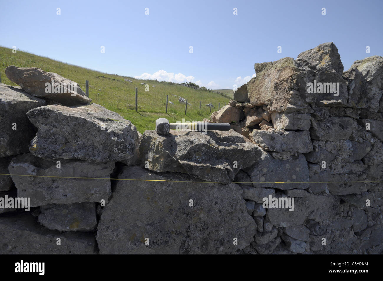 Dry stone wall repair work on the Great Orme Llandudno North Wales UK
