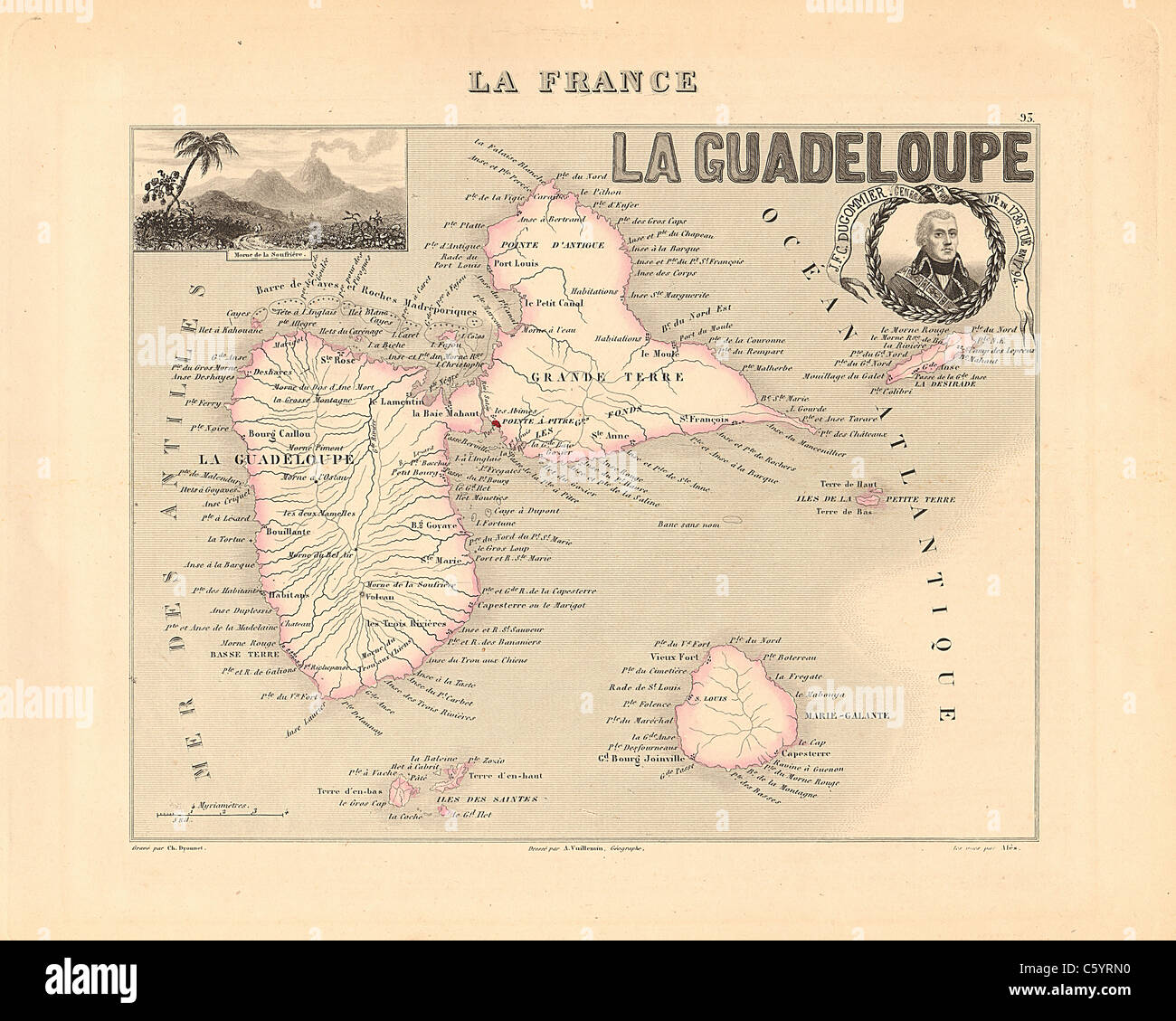 Guadeloupe -  Antiquarian Map from an 1858 French Atlas 'France and its Colonies' (La France et ses Colonies ) by Alexandre Vuillemin Stock Photo