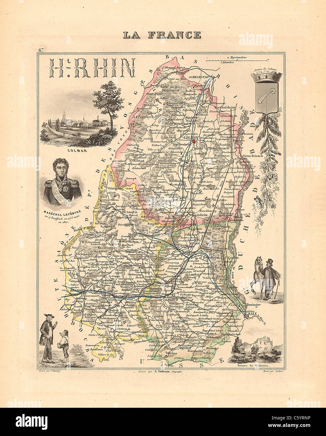 Haute Rhin Department -  Antiquarian Map from an 1858 French Atlas 'France and its Colonies' (La France et ses Colonies ) by Alexandre Vuillemin Stock Photo