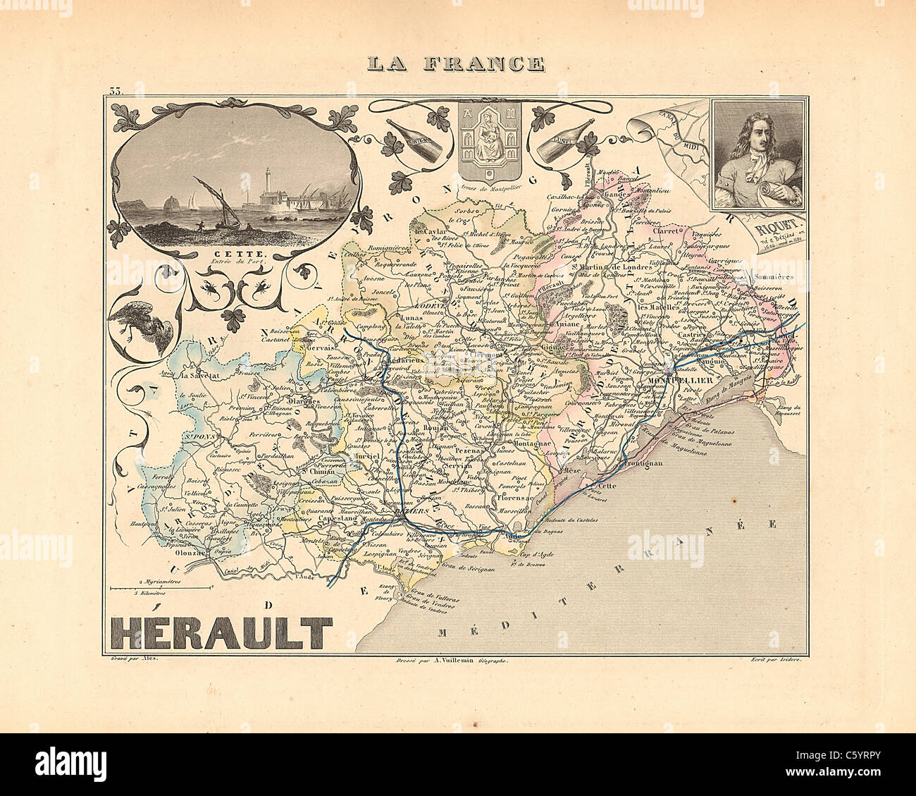 Herault Department -  Antiquarian Map from an 1858 French Atlas 'France and its Colonies' (La France et ses Colonies ) by Alexandre Vuillemin Stock Photo