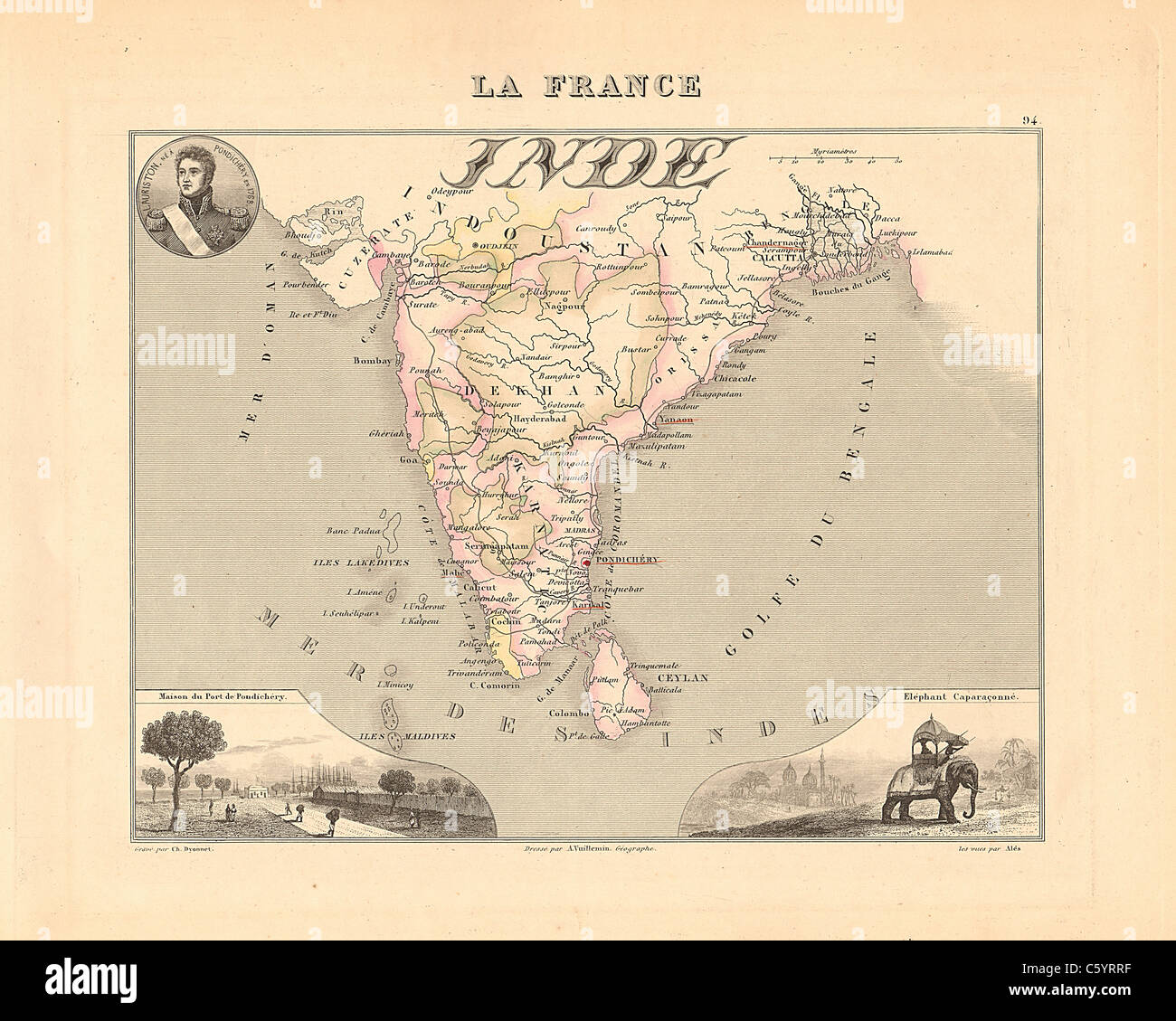 Inde (India) -  Antiquarian Map from an 1858 French Atlas 'France and its Colonies' (La France et ses Colonies ) by Alexandre Vuillemin Stock Photo