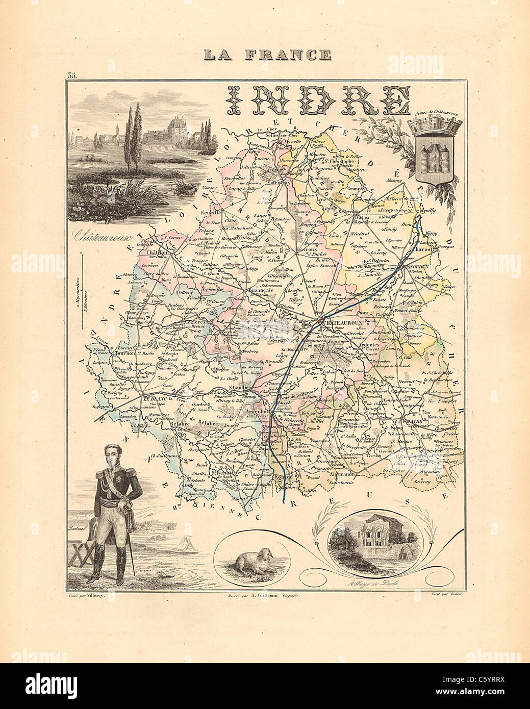 Indre Department -  Antiquarian Map from an 1858 French Atlas 'France and its Colonies' (La France et ses Colonies ) by Alexandre Vuillemin Stock Photo