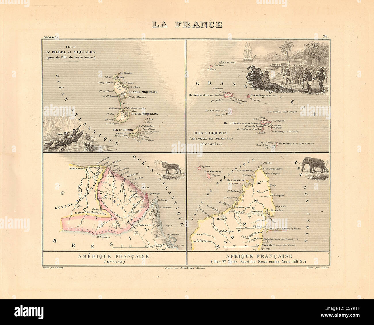 La France, Colonies -  Antiquarian Map from an 1858 French Atlas 'France and its Colonies' (La France et ses Colonies ) by Alexandre Vuillemin Stock Photo