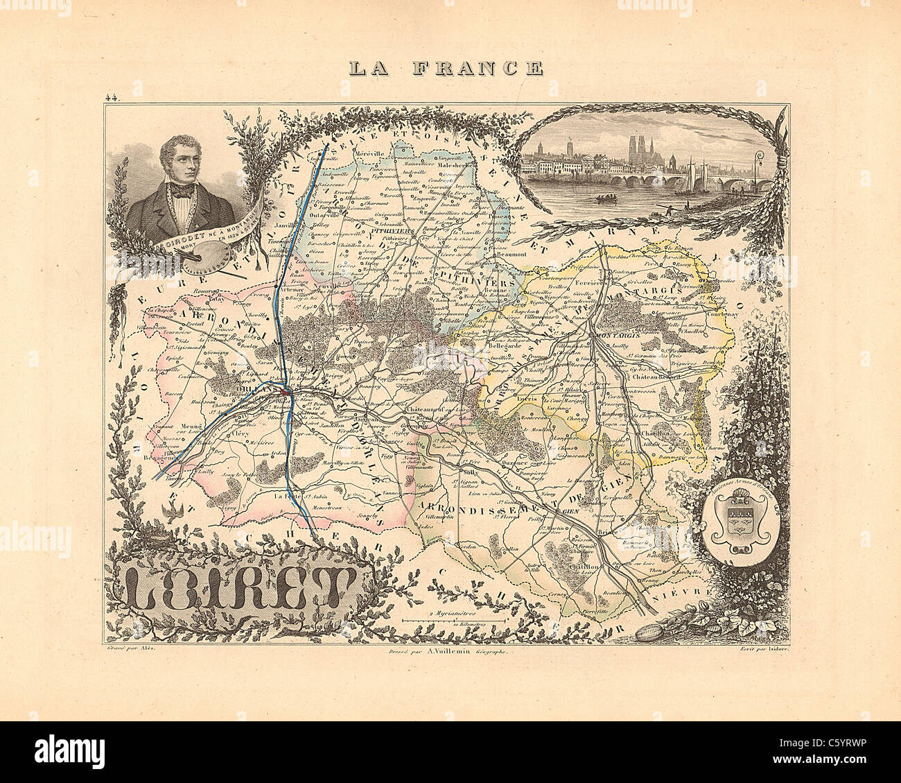 Loiret Department -  Antiquarian Map from an 1858 French Atlas 'France and its Colonies' (La France et ses Colonies ) by Alexandre Vuillemin Stock Photo