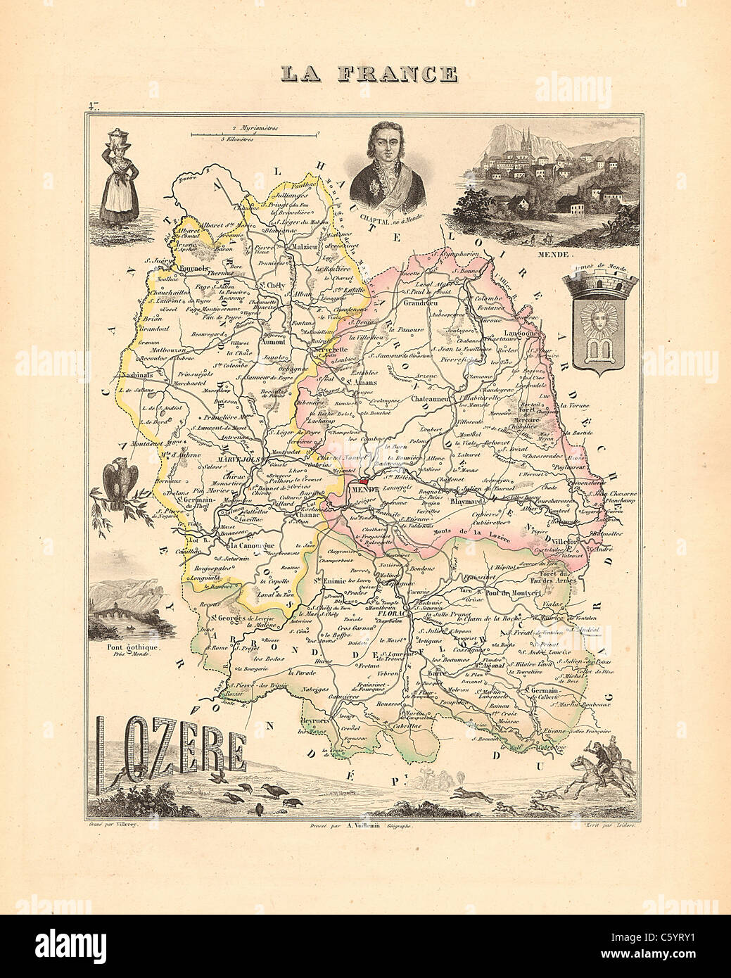 Lozere Department -  Antiquarian Map from an 1858 French Atlas 'France and its Colonies' (La France et ses Colonies ) by Alexandre Vuillemin Stock Photo