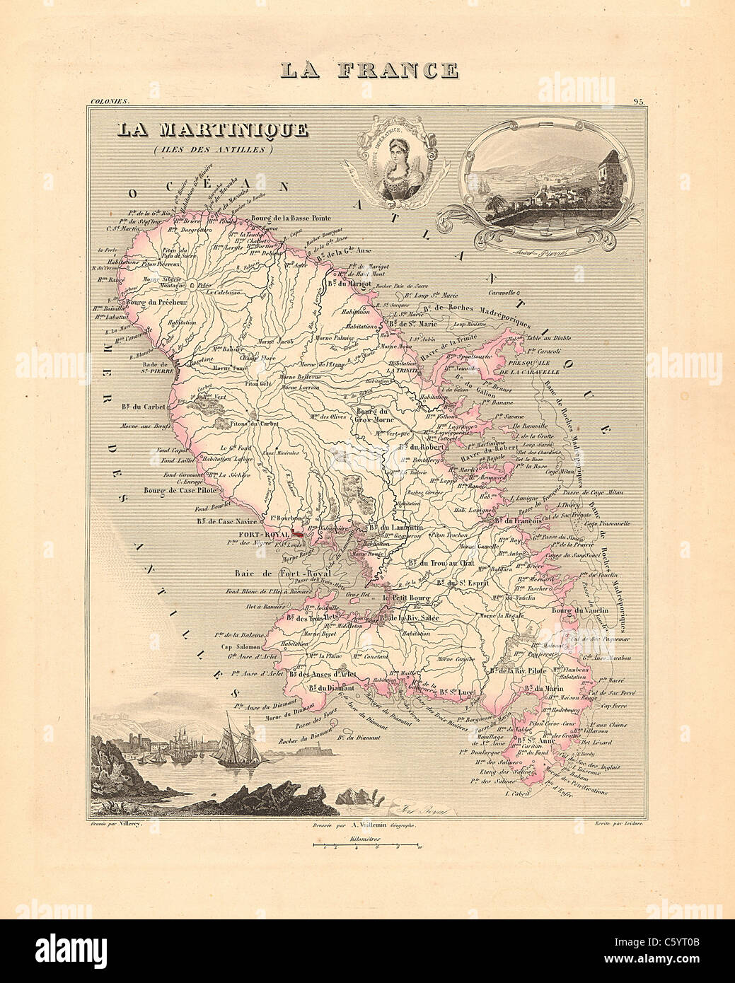 Martinique -  Antiquarian Map from an 1858 French Atlas 'France and its Colonies' (La France et ses Colonies ) by Alexandre Vuillemin Stock Photo