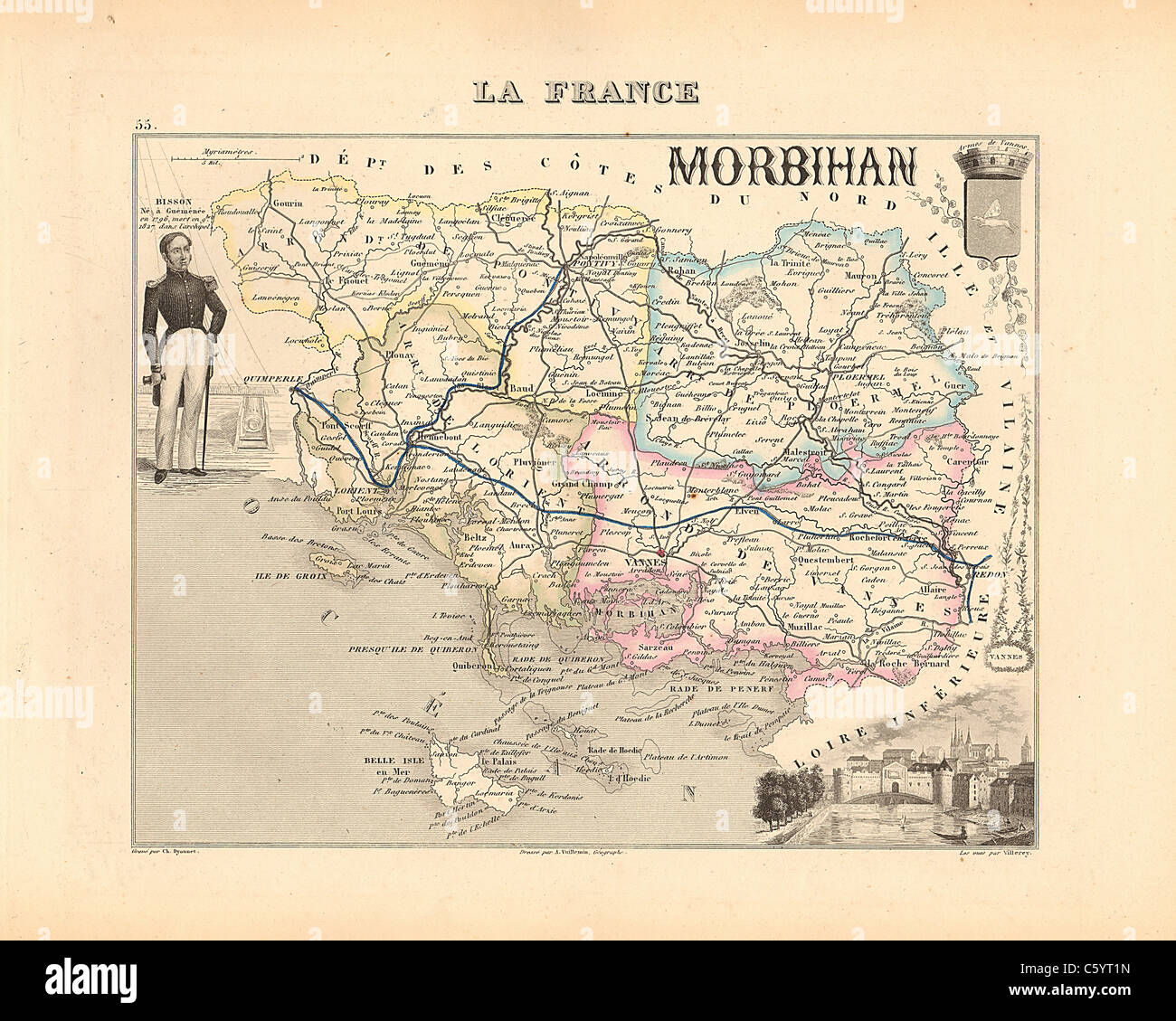 Morbihan Department -  Antiquarian Map from an 1858 French Atlas 'France and its Colonies' (La France et ses Colonies ) by Alexandre Vuillemin Stock Photo