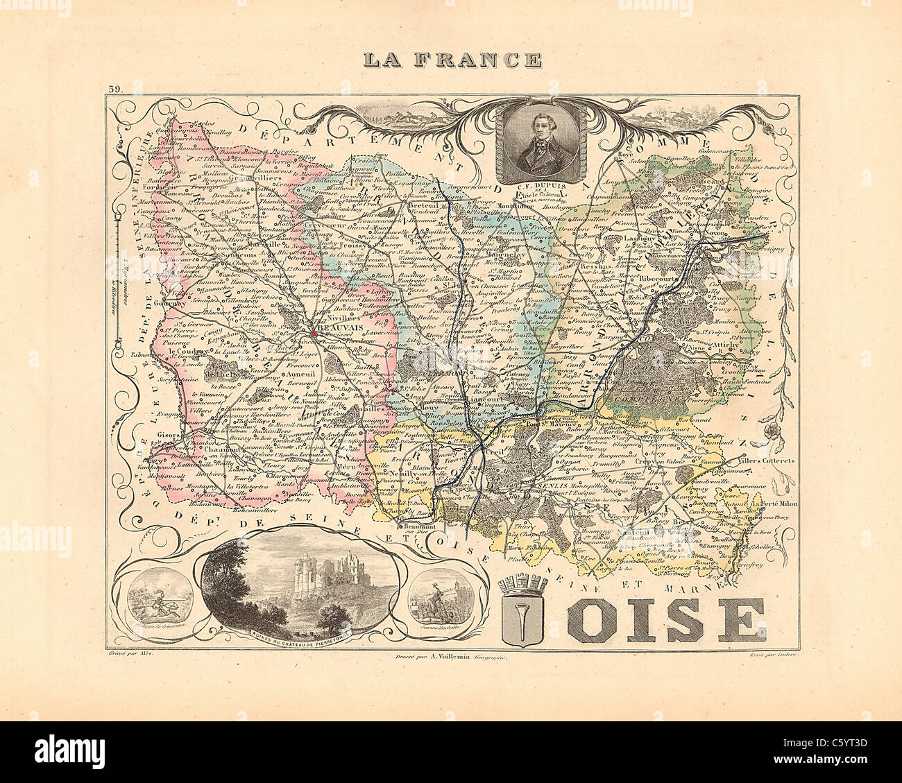 Oise Department -  Antiquarian Map from an 1858 French Atlas 'France and its Colonies' (La France et ses Colonies ) by Alexandre Vuillemin Stock Photo