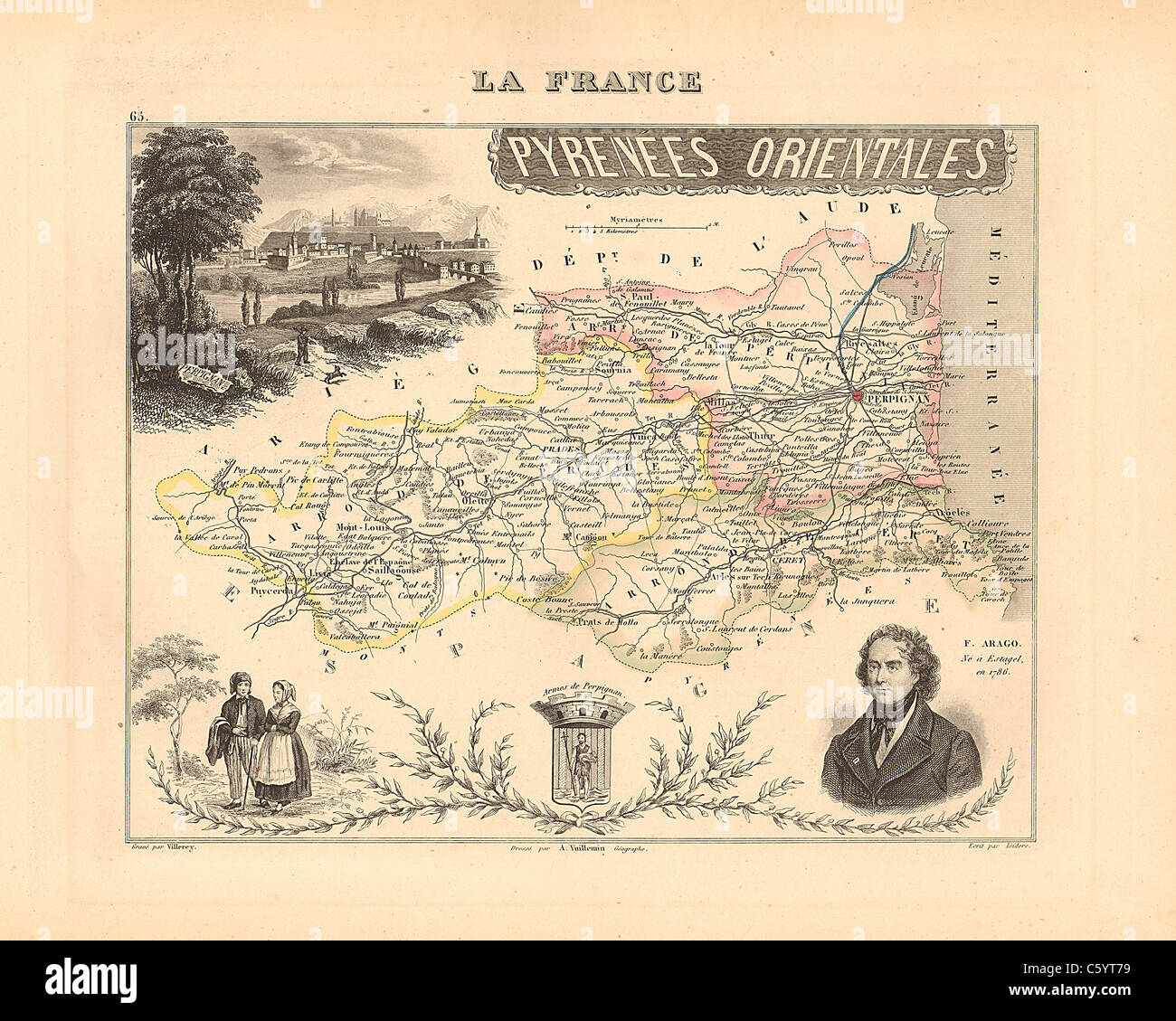 Pyrenees Orientales Department -  Antiquarian Map from 1858 French Atlas 'France and its Colonies' (La France et ses Colonies ) by Alexandre Vuillemin Stock Photo