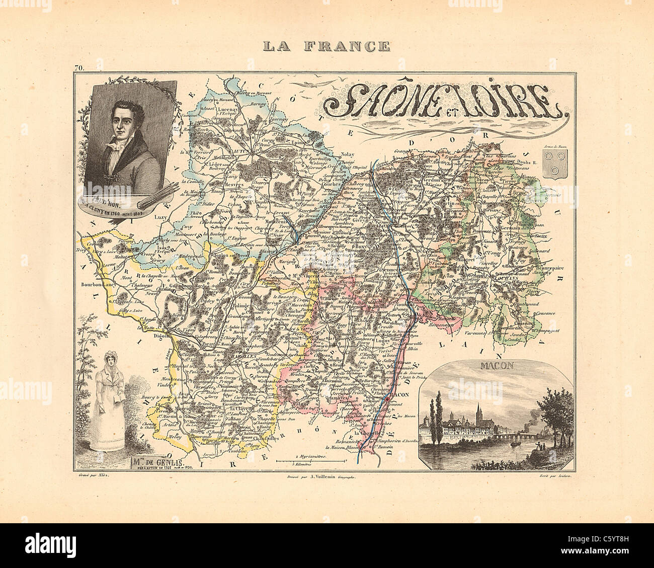 Saone et Loire Department -  Antiquarian Map from an 1858 French Atlas 'France and its Colonies' (La France et ses Colonies ) by Alexandre Vuillemin Stock Photo