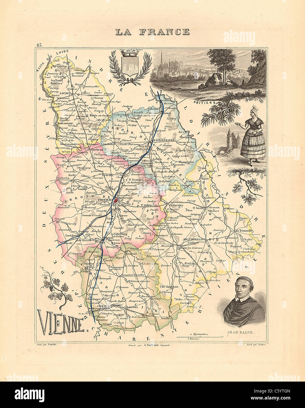 Vienne Department -  Antiquarian Map from an 1858 French Atlas 'France and its Colonies' (La France et ses Colonies ) by Alexandre Vuillemin Stock Photo