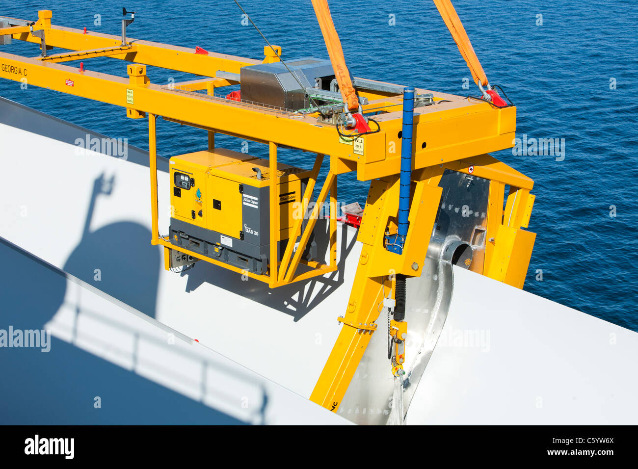 The jack up barge, Kraken, uses a specialist lifting cradle to lift