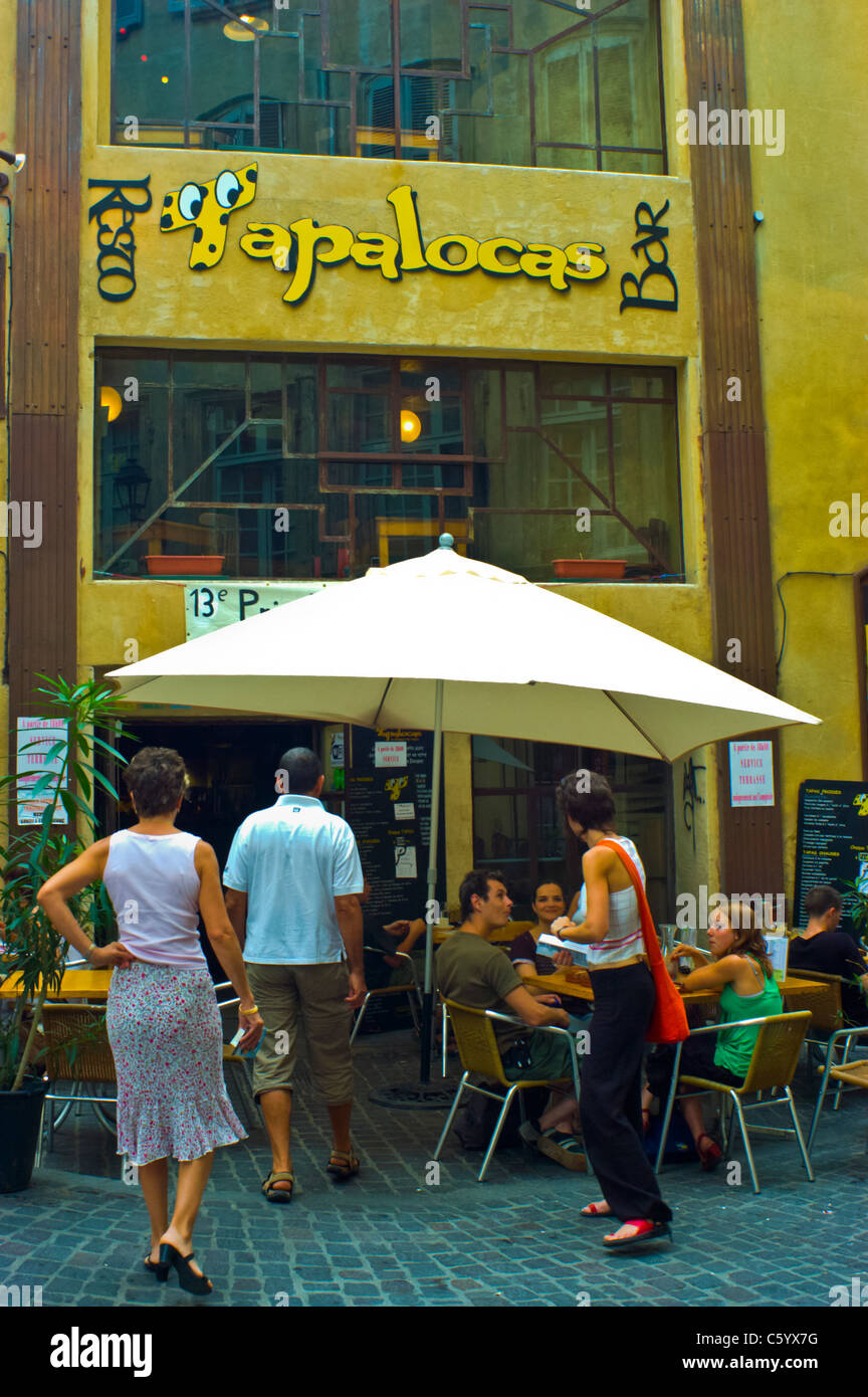Avignon, France,Small Group People, Tourists, Entering in Spanish Tapas Restaurant 'Tapalocas' restaurant south france exterior Stock Photo