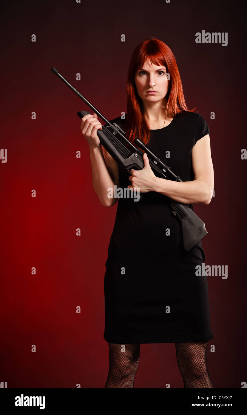 Sniping Girl, black, red, rifle, sniper, HD wallpaper