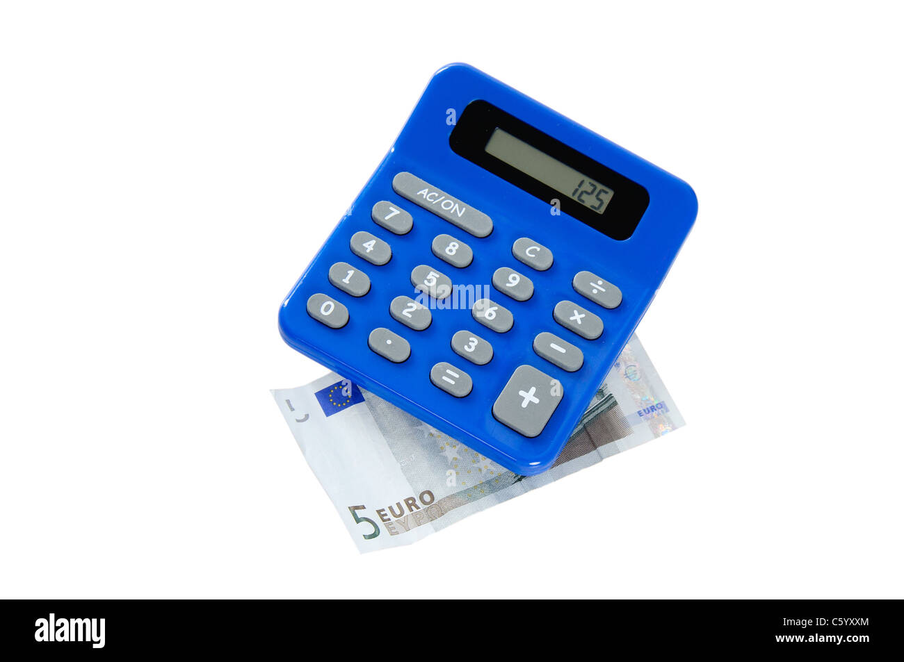 Money with calculator on white background. Stock Photo