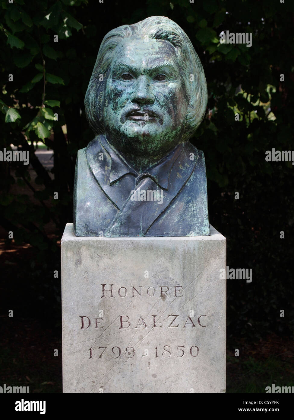Portrait bust of Honore de Balzac in a park in Vendome, Loire valley, France. de Balzac studied in Vendome. Stock Photo