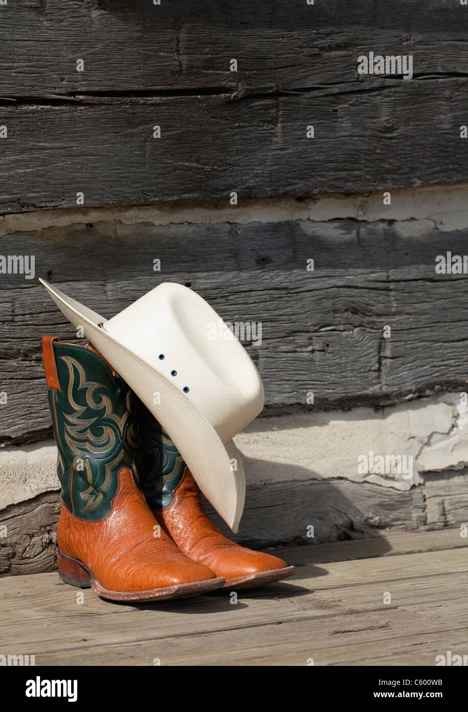 USA, Illinois, Metamora, Pair of cowboy boots and cowboy hat Stock