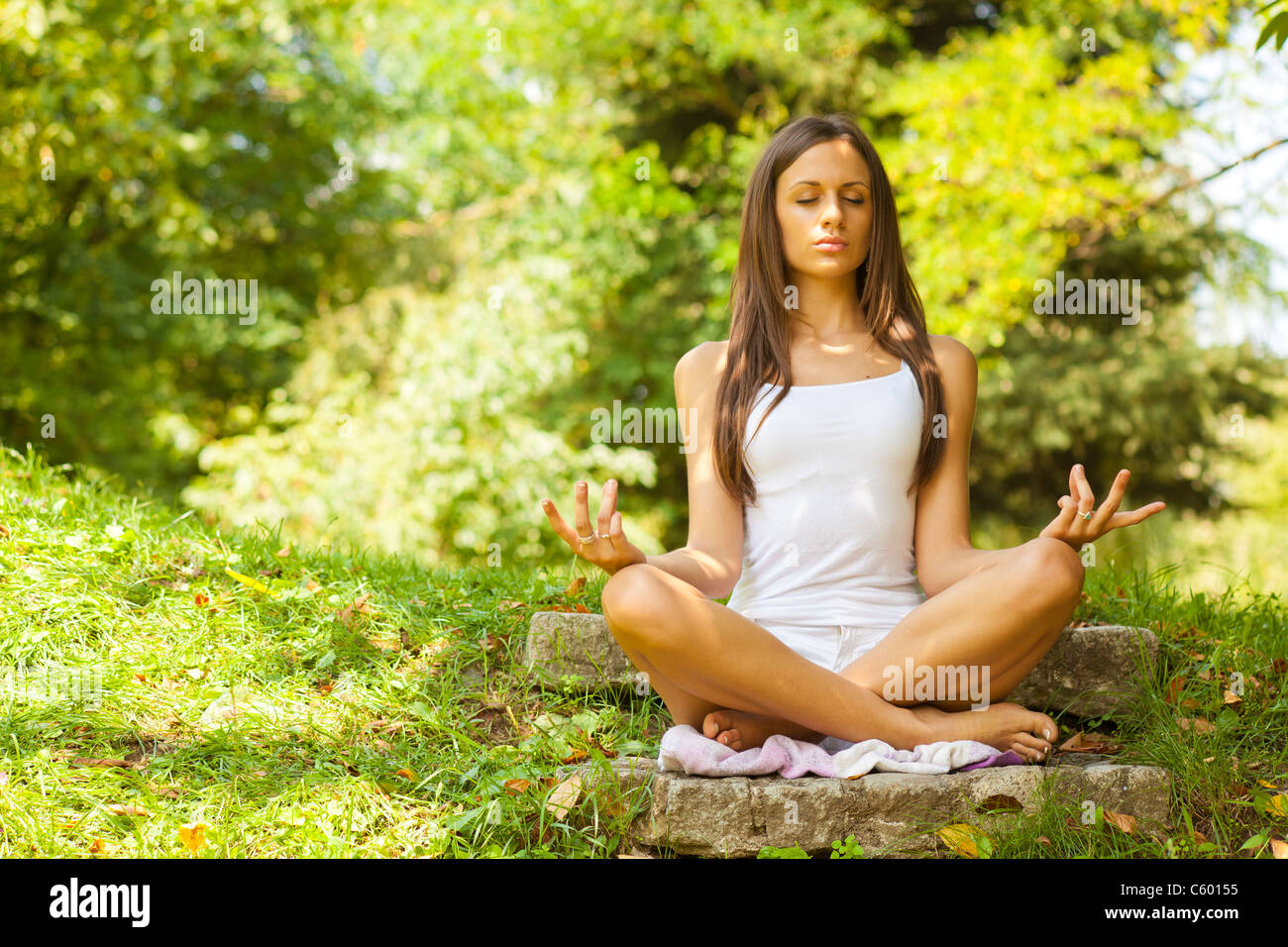 Woman Yoga Meditation Forest Nature Stock Photo - Alamy