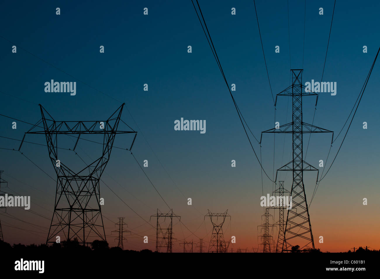 A long line of electrical transmission towers (electricity pylons