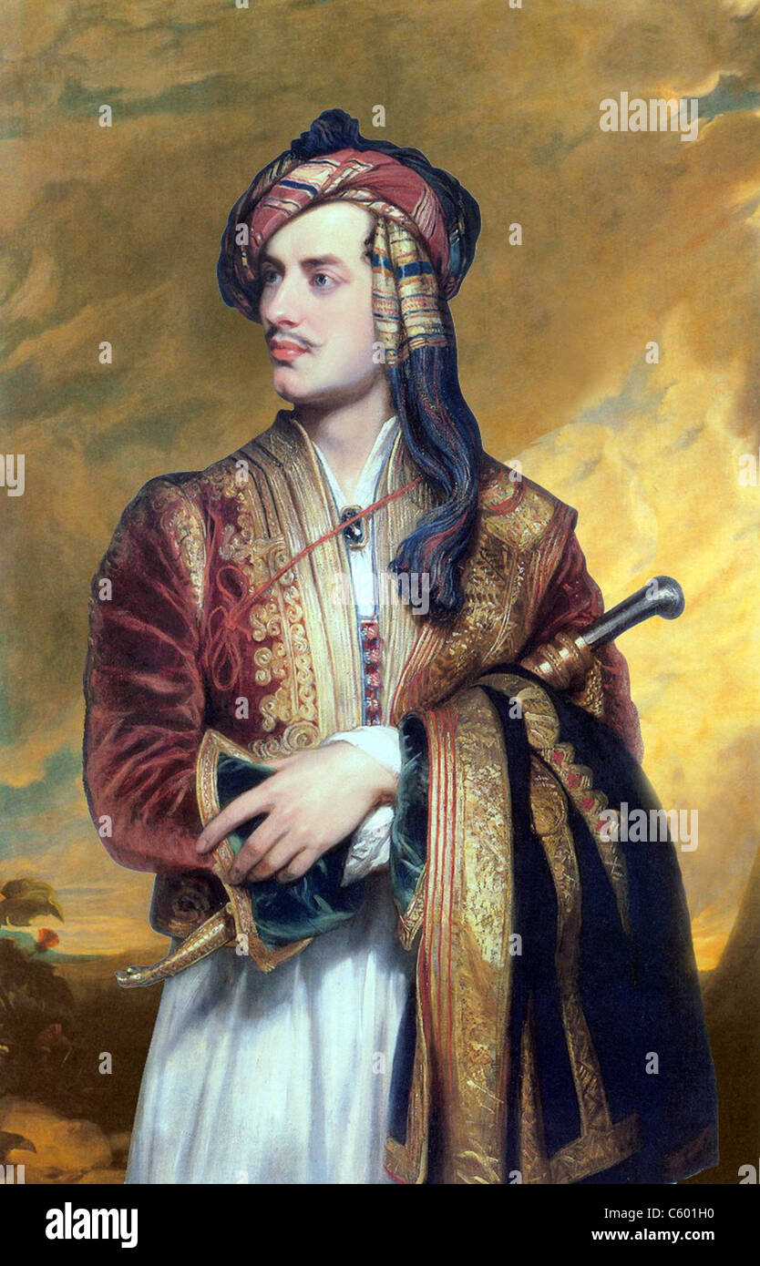 GEORGE GORDON LORD BYRON (1788-1824) British poet in Albanian dress painted by Thomas Phillips in 1813 Stock Photo