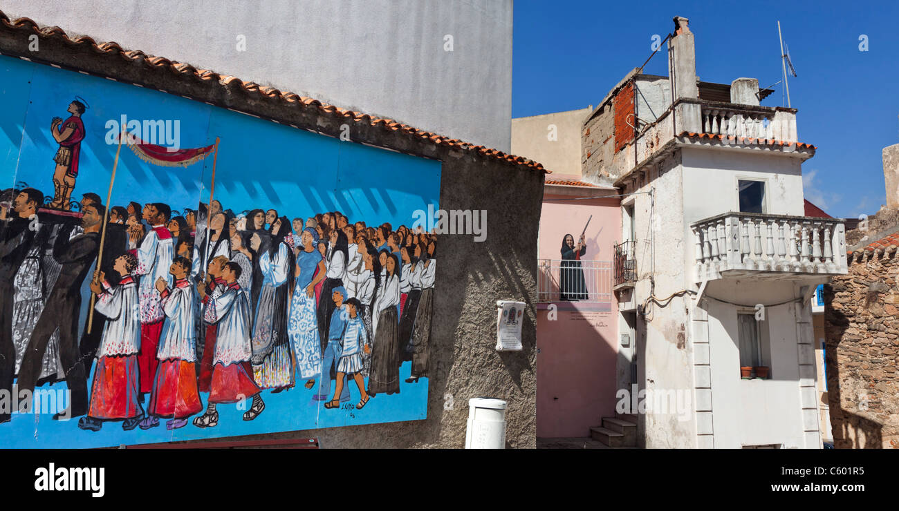 Murales, wall painting, Oliena village, Nuoro Province, Sardinia, Italy Stock Photo