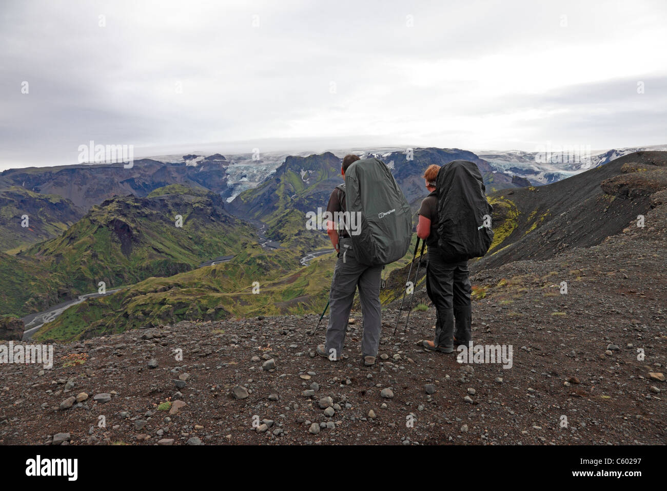 2 Hikers and View from Kattarhryggir Ridge, Gooaland Looking Towards ...