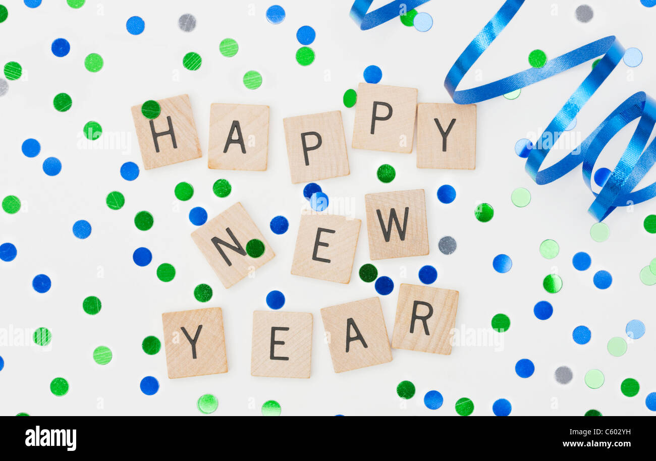 Close up of new year's eve party decorations with confetti Stock Photo