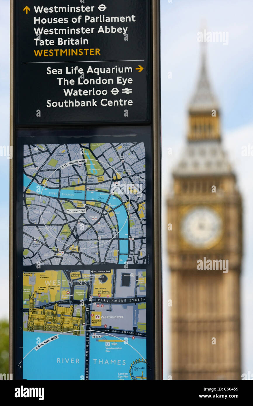 A sign showing places of interest with Big Ben in the background Stock Photo