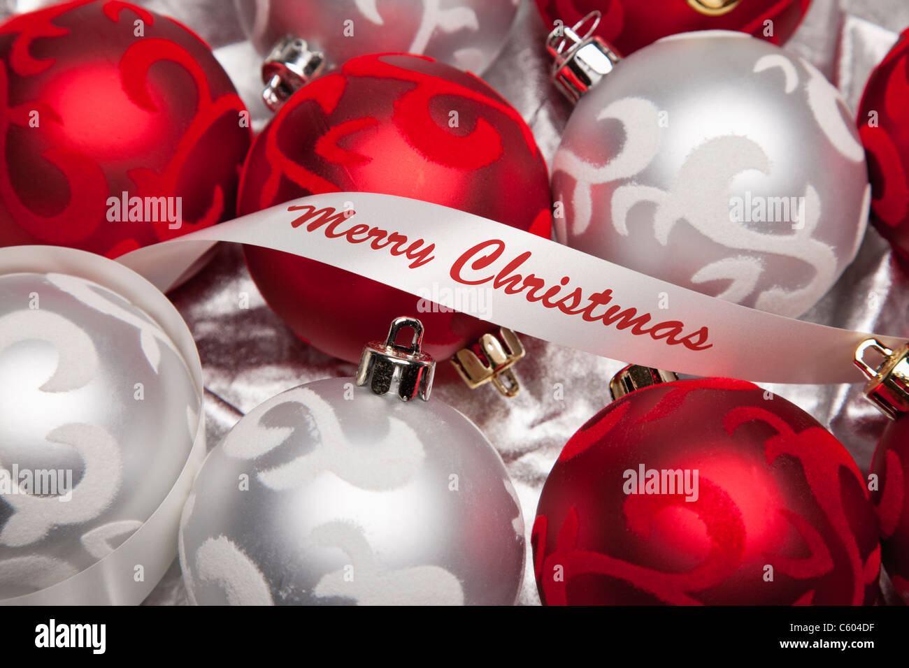 USA, Illinois, Metamora, Merry Christmas ribbon and ornaments Stock Photo
