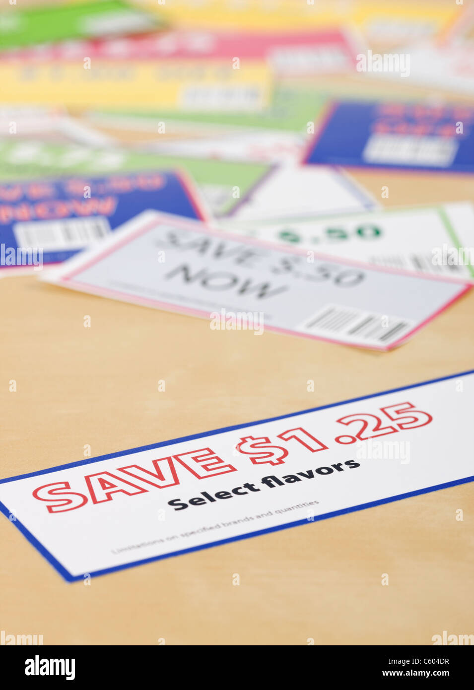 Close-up of coupons on table Stock Photo