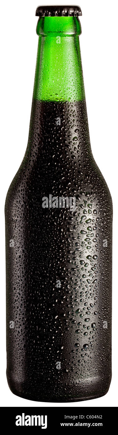 Bottle of black beer with drops on white background. The file contains a path to cut. Stock Photo