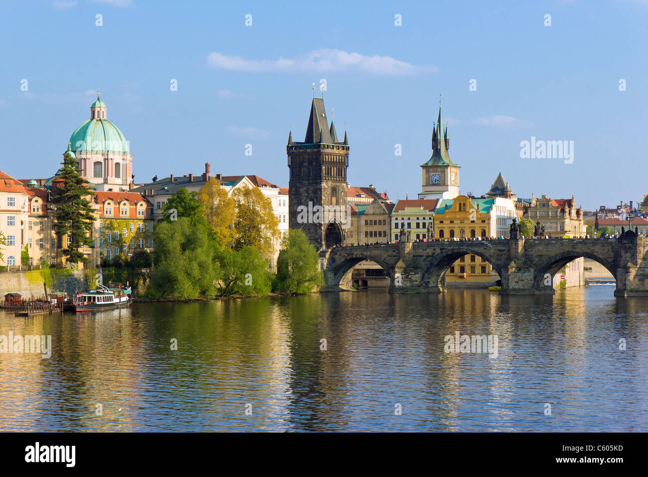 Prague towers over Vltava river Stock Photo