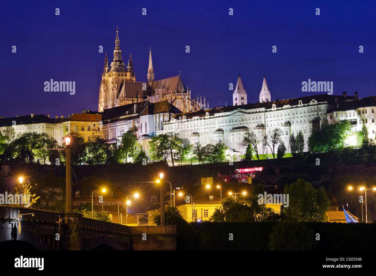 Prague castle at night lights Stock Photo