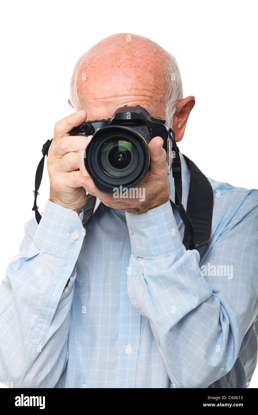 old man with reflex camera isolated on white background Stock Photo - Alamy
