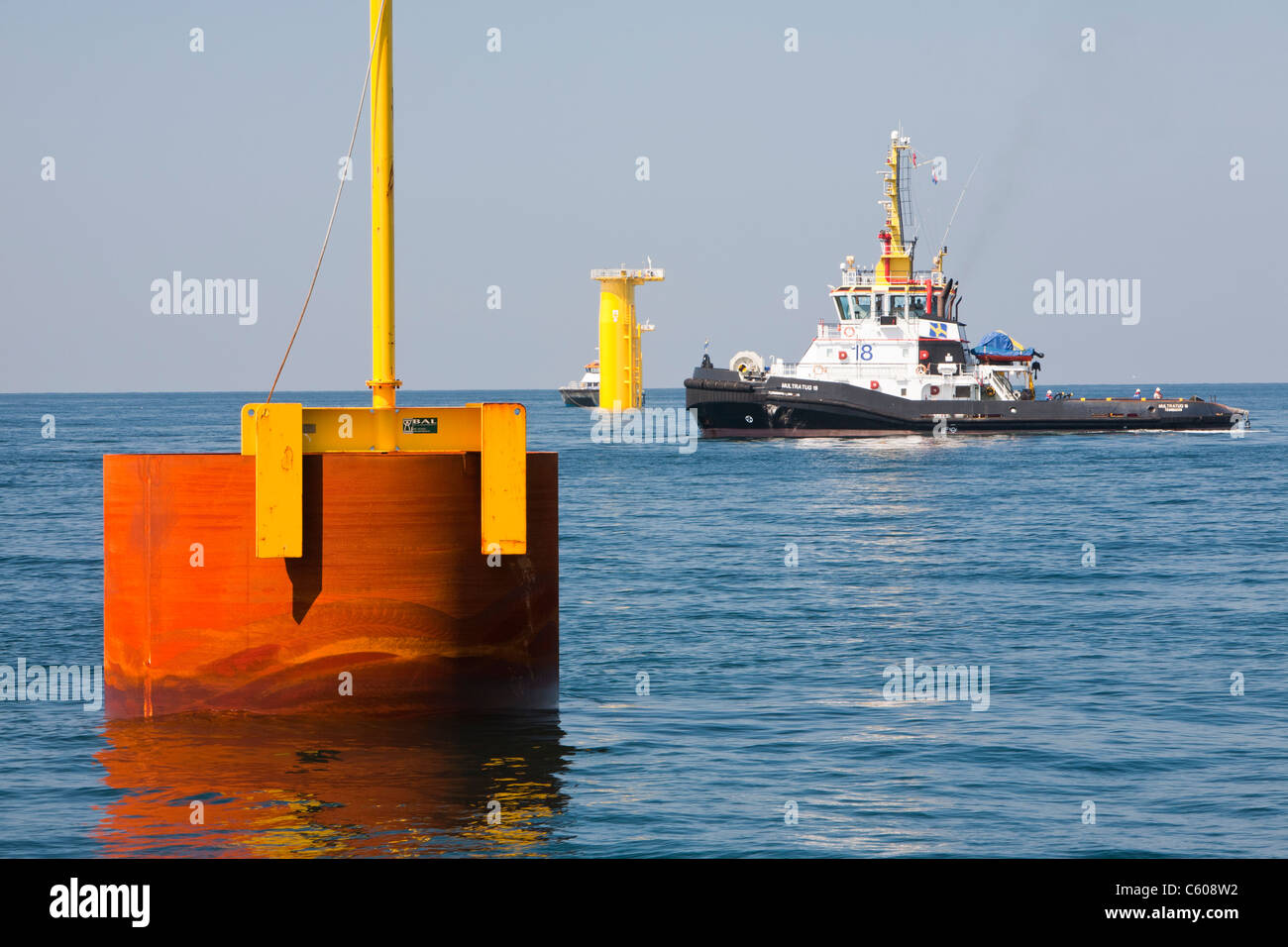 A monopile, the foundation for a wind turbine on the Walney offshore wind farm, Cumbria, UK. Stock Photo