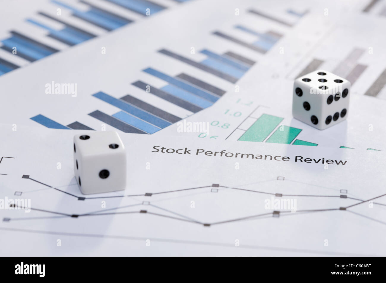 USA, Illinois, Metamora, Dice on stock charts Stock Photo