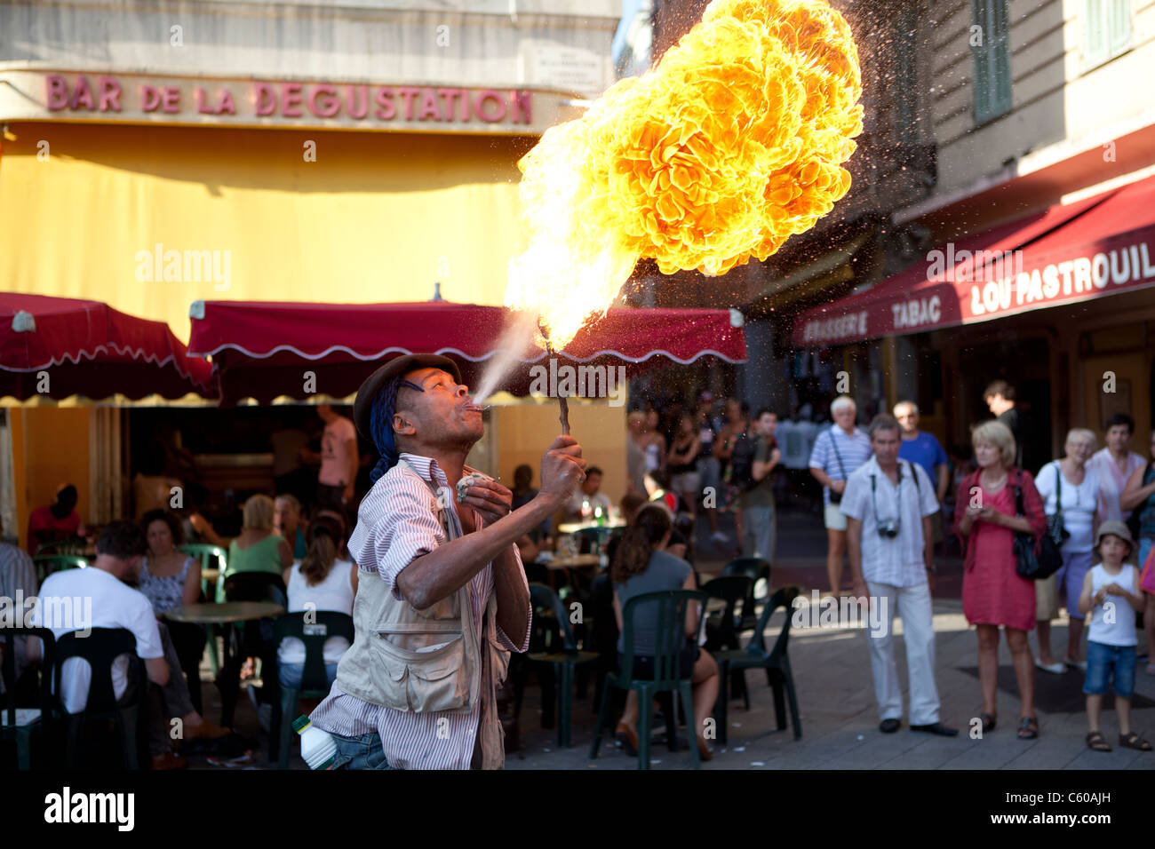 Fire breather, street entertainer, Nice, France Stock Photo