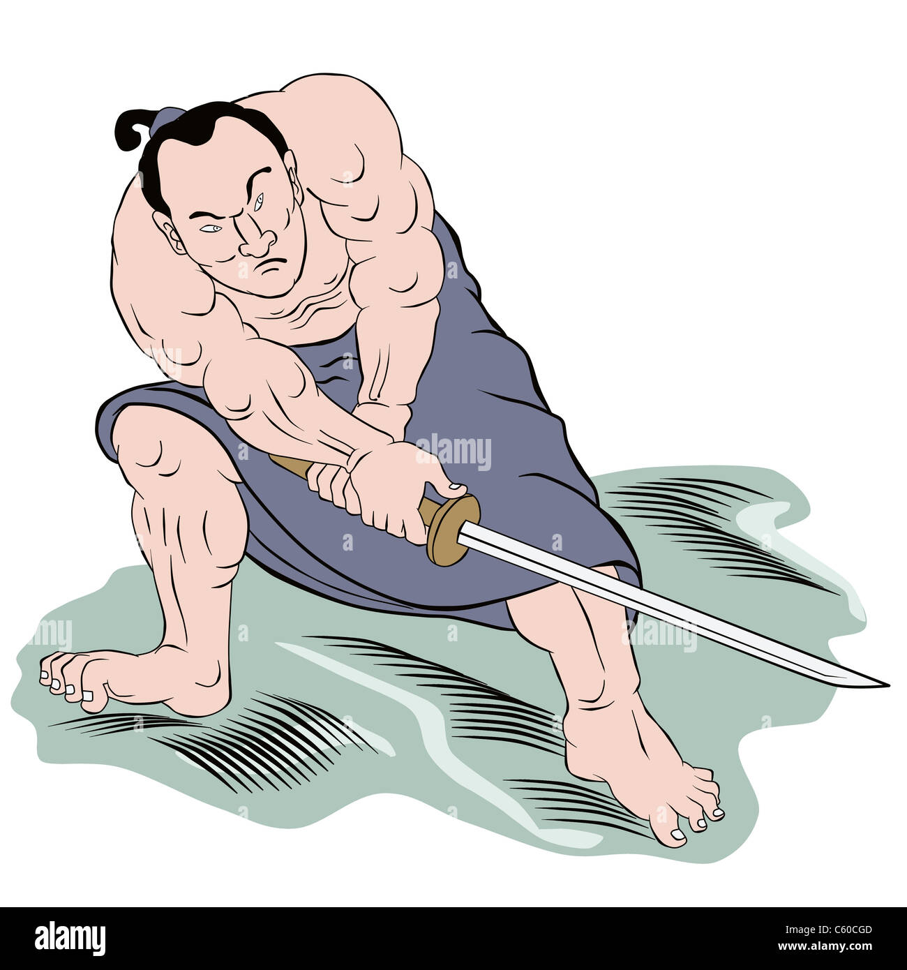 illustration of a Samurai warrior with katana sword in fighting stance done in cartoon style Stock Photo