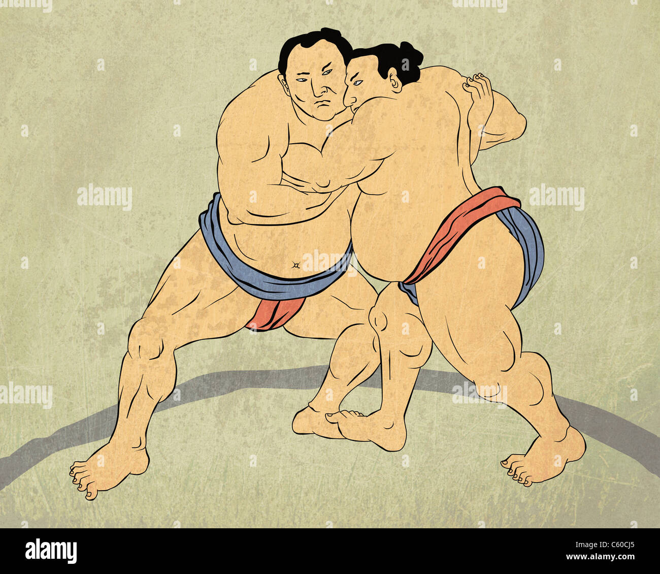 illustration of a two Japanese sumo wrestler wrestling isolated done in Japanese wood block print style Stock Photo