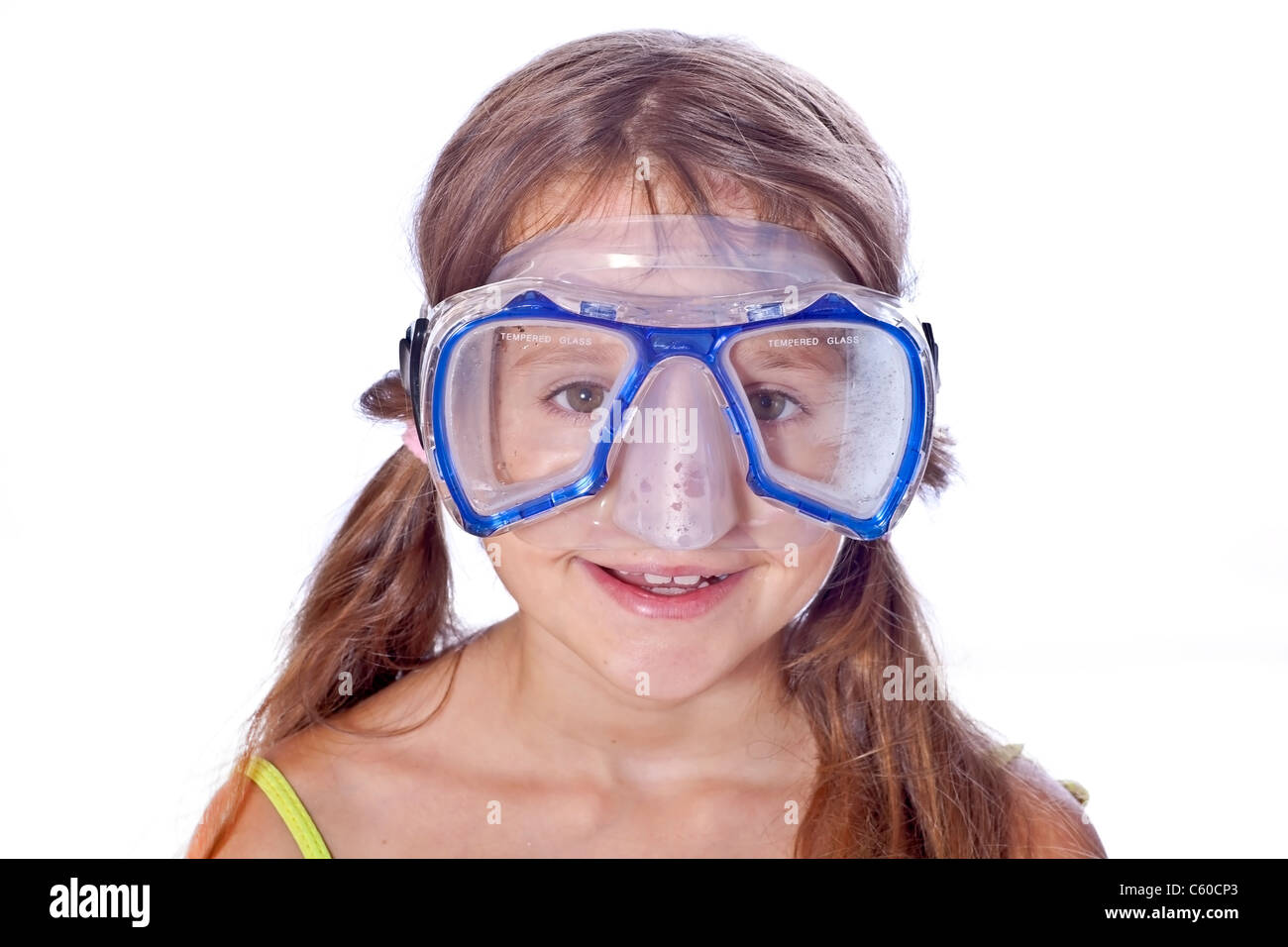eight year old girl with diving goggles Stock Photo Alamy