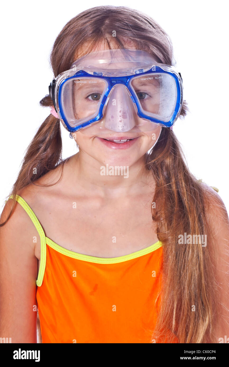eight year old girl with diving goggles Stock Photo Alamy