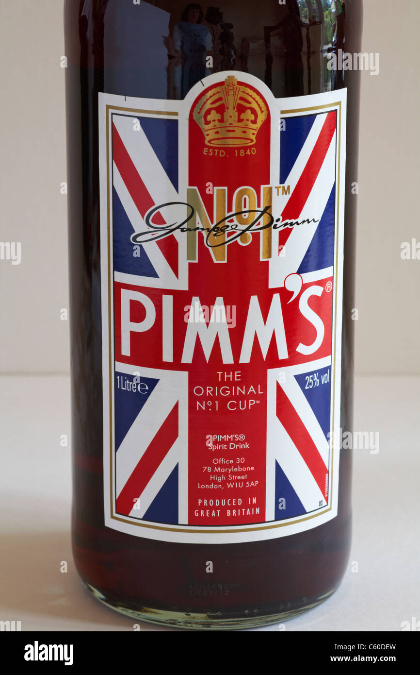 close up of label on bottle of Pimm's the original No. 1 cup against