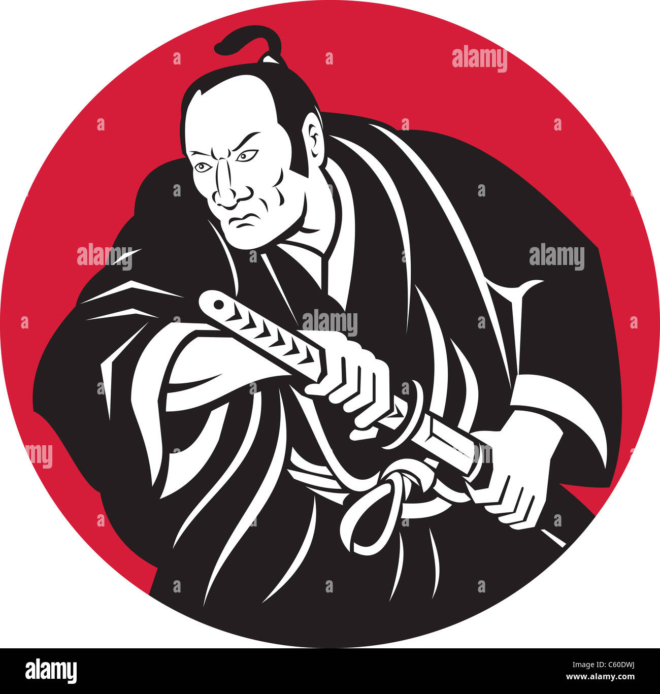 illustration of a Japanese Samurai warrior about to draw sword set inside circle done in retro style Stock Photo
