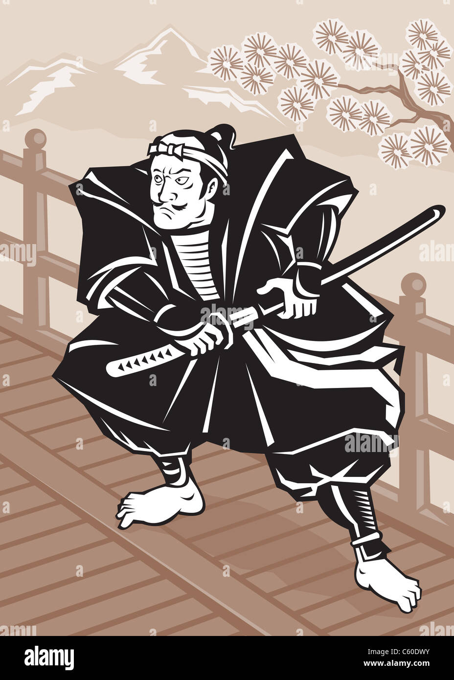 illustration of a Japanese Samurai warrior sword on bridge with tree and mountains in background done in retro woodcut style Stock Photo