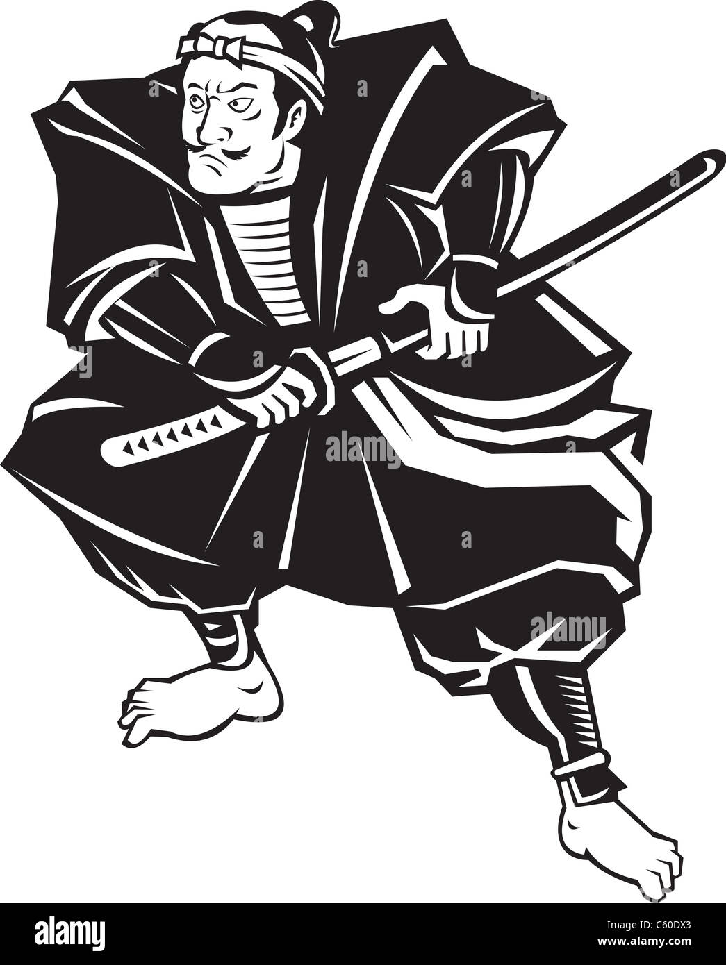 illustration of a Samurai warrior about to draw katana sword in fighting stance on isolated white background done in retro style Stock Photo